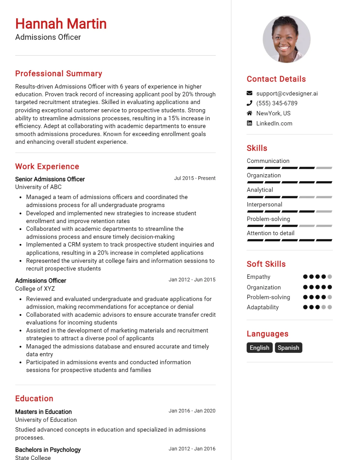 Admissions Officer CV Example