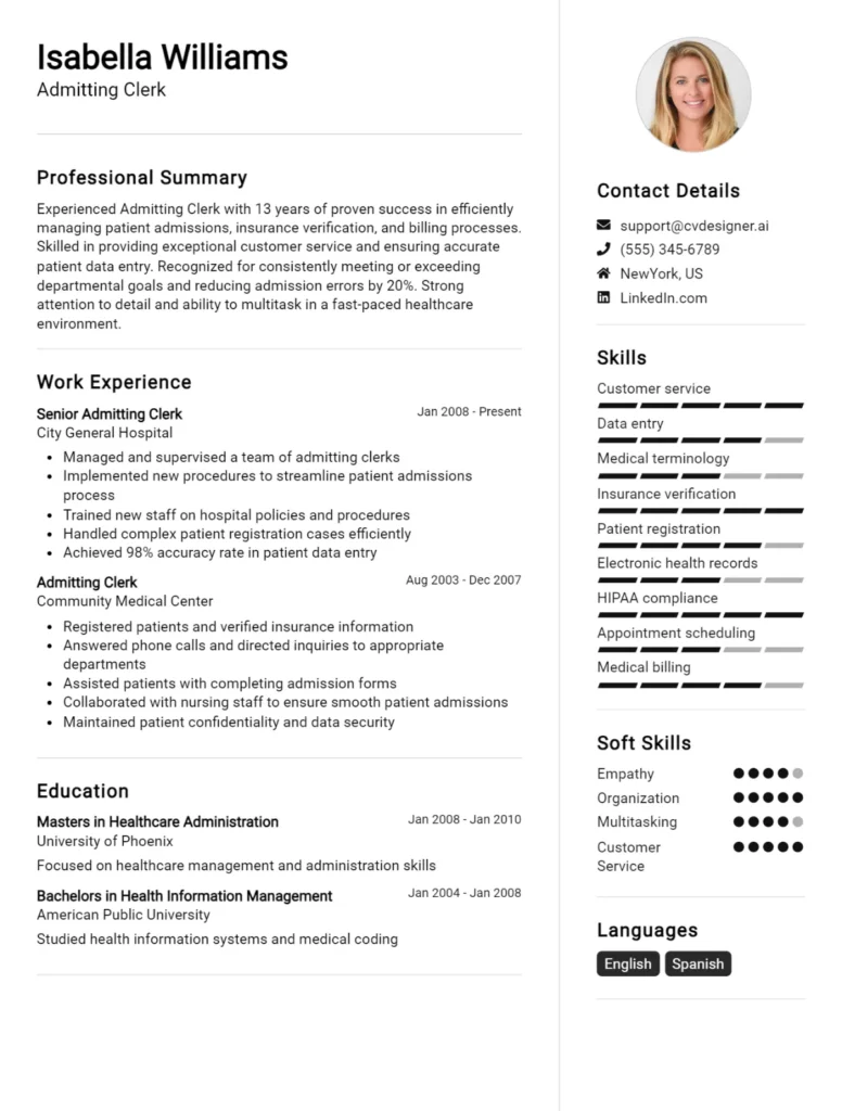 Admitting Clerk CV Example