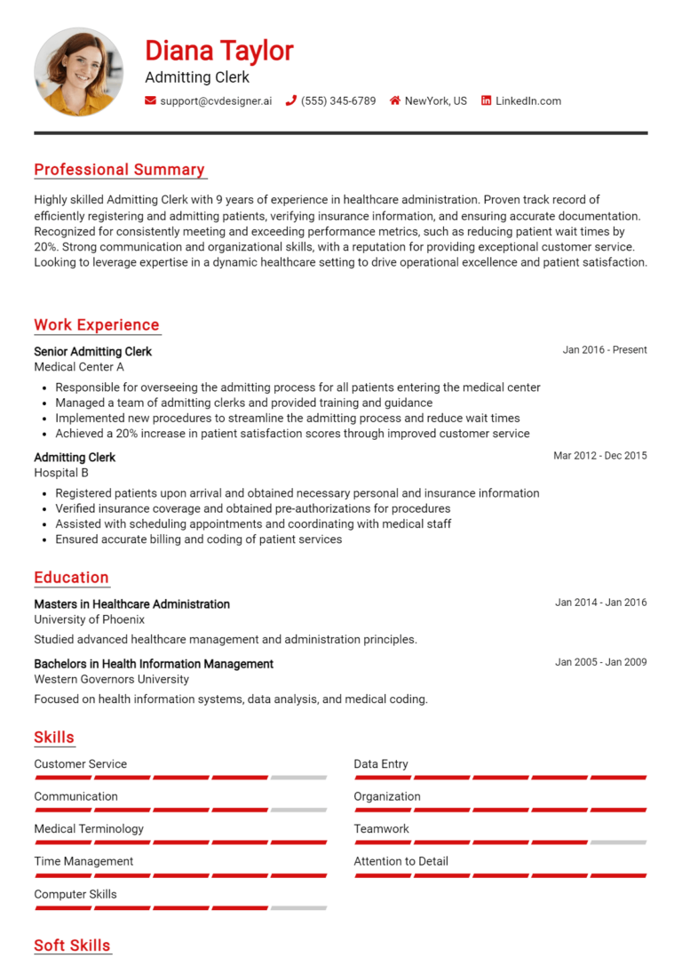 Admitting Clerk Resume Example for 2025: Best Formatting Tips