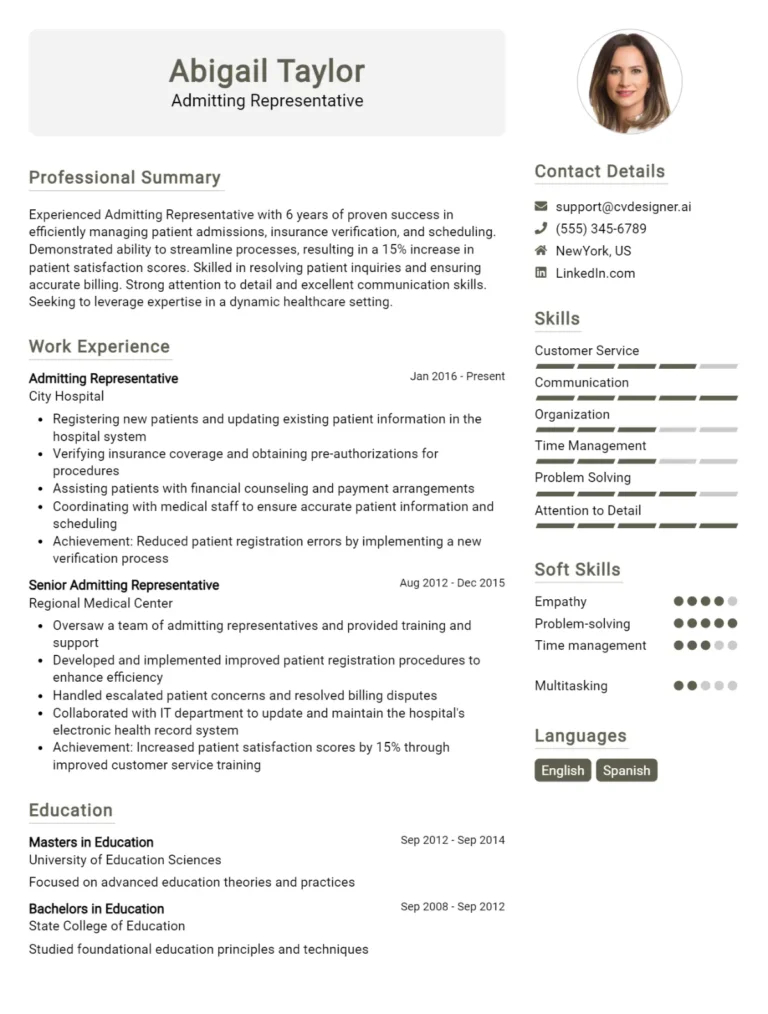 Admitting Representative CV Example For 2025: Examples & Free Templates