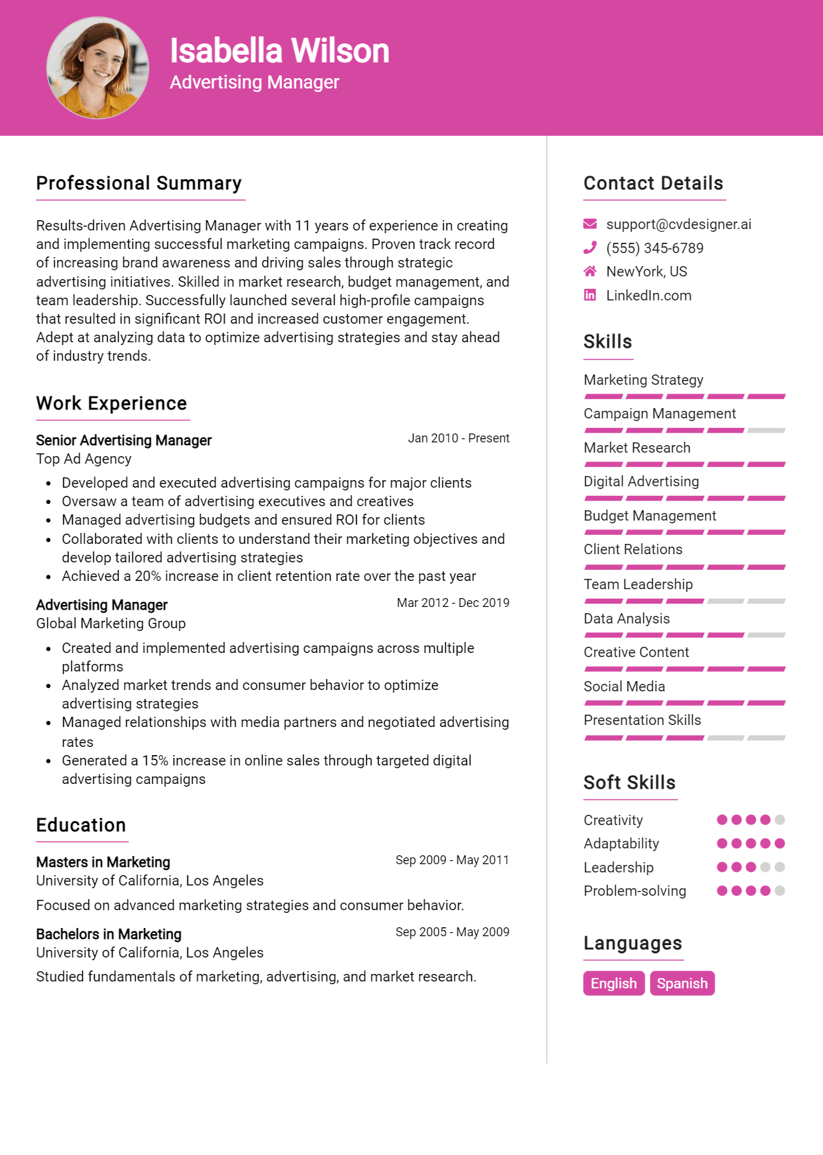 Advertising Manager Resume Example