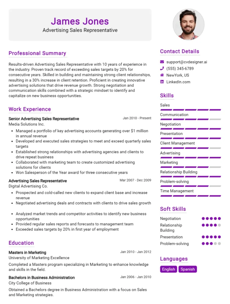 Advertising Sales Representative CV Example For 2025: Top Tips & Samples