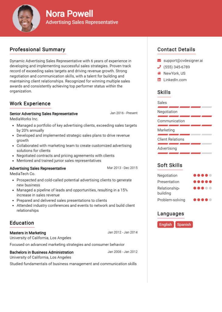 Advertising Sales Representative Resume Example