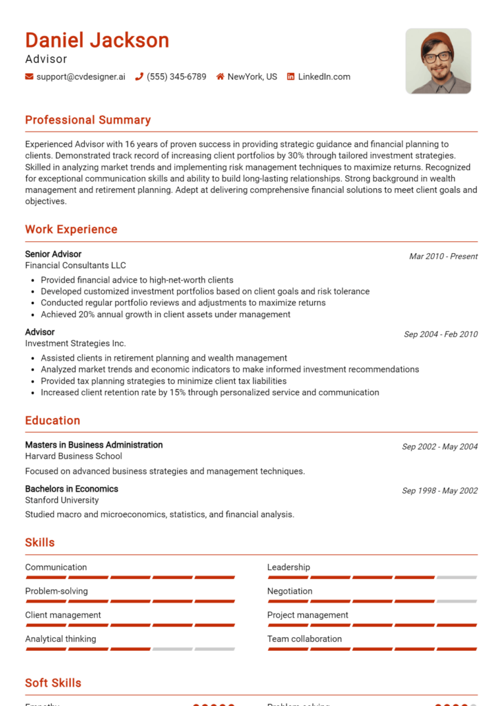 Advisor Resume Example for 2025: Free Samples - CVDesigner.ai