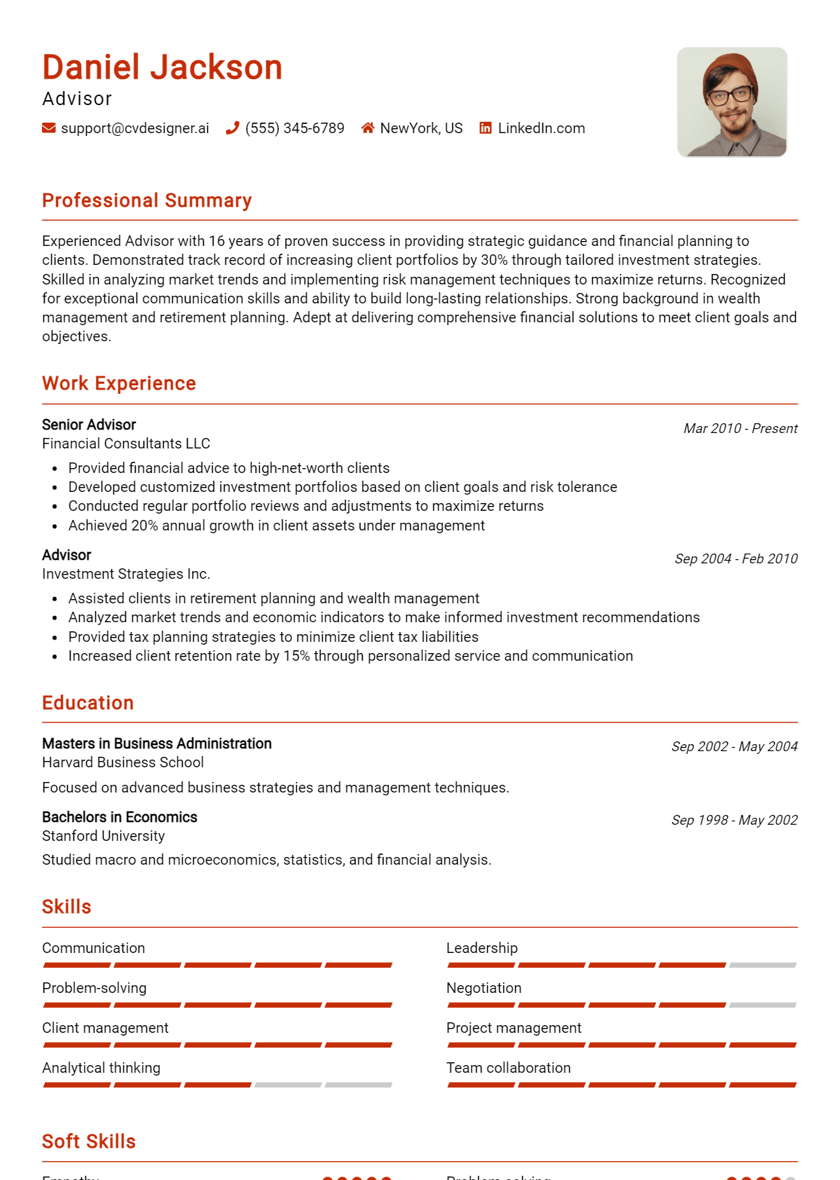 Advisor Resume Example for 2024: Free Samples - CVDesigner.ai