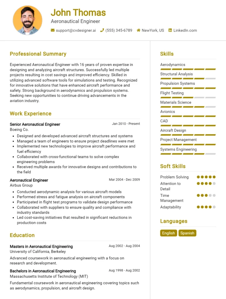 Aeronautical Engineer CV Example For 2025: Free Downloadable Templates