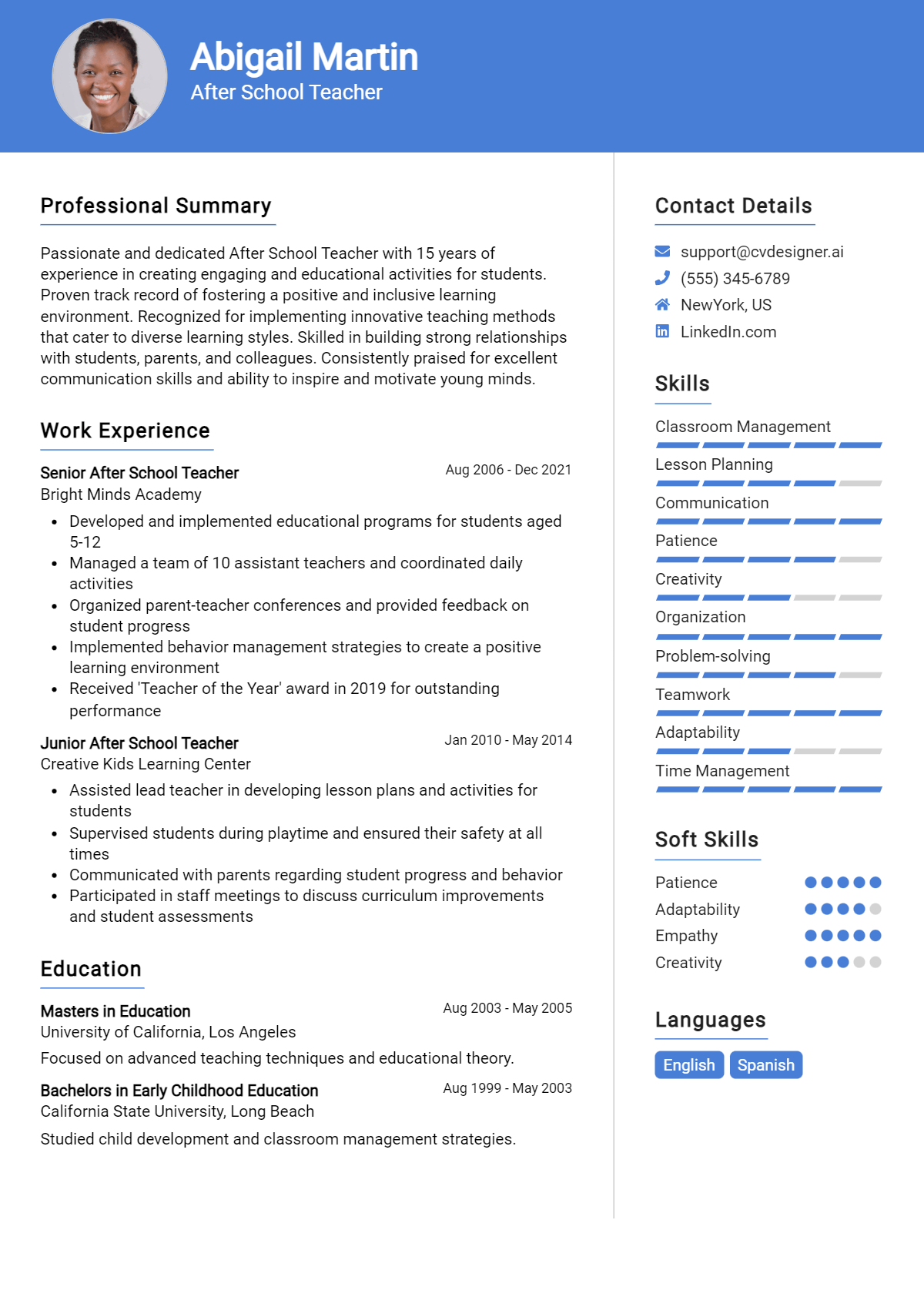 After School Teacher Resume Example