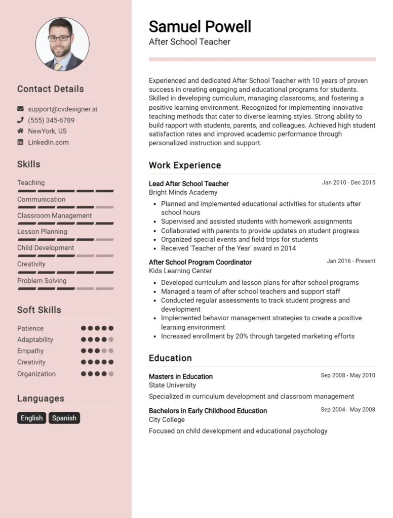 After School Teacher CV Example