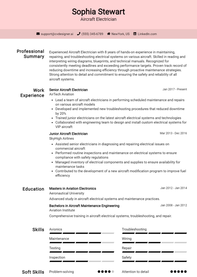 Aircraft Electrician Resume Example for 2025: Ultimate Guide