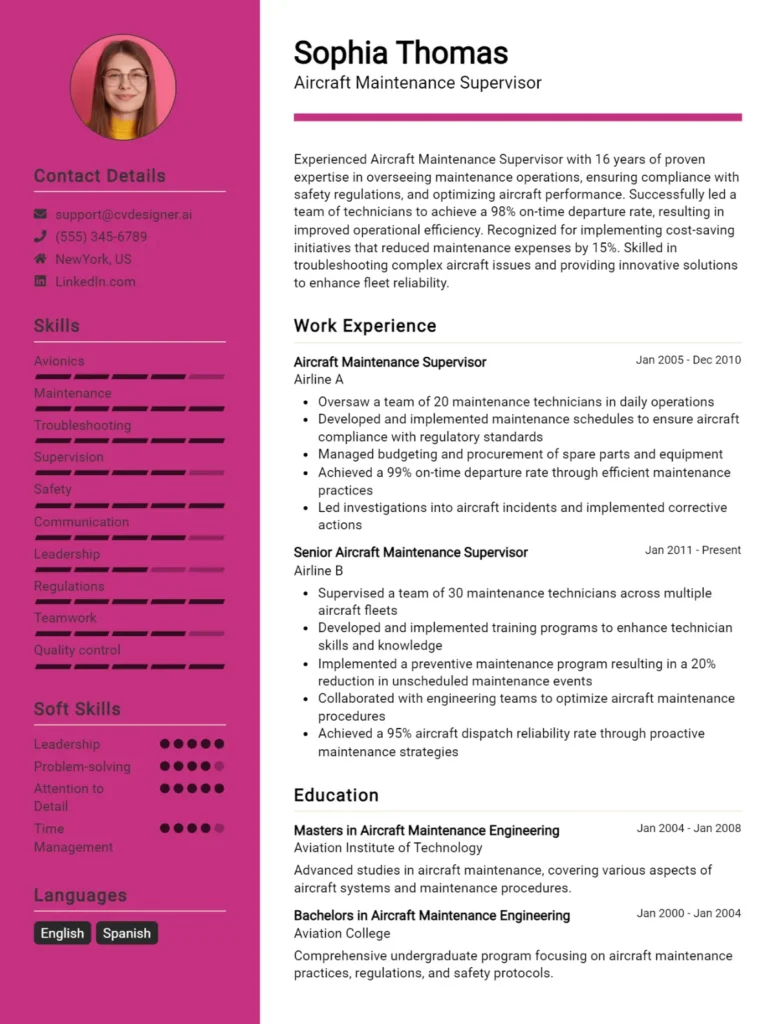 Aircraft Maintenance Supervisor CV Example