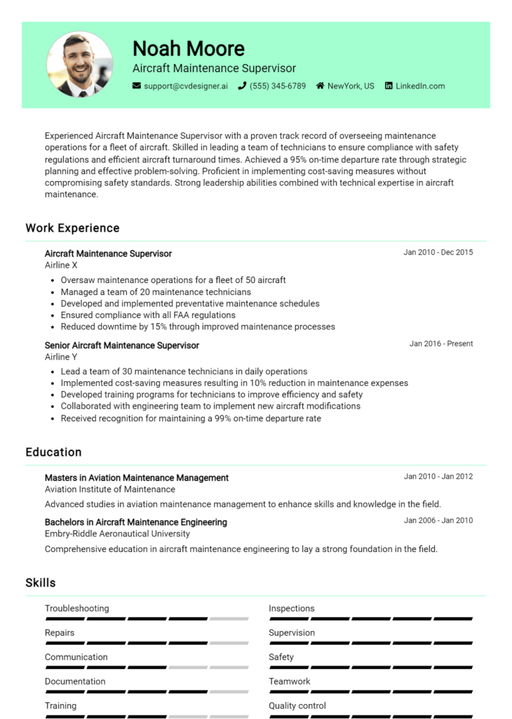 Aircraft Maintenance Supervisor Resume Example