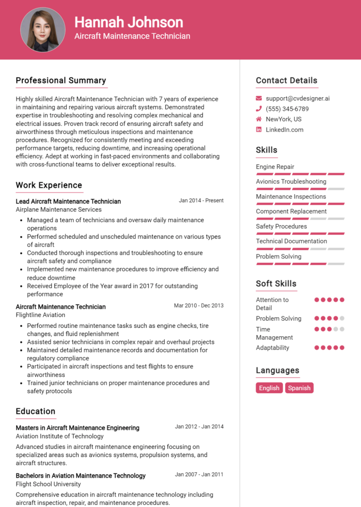 Aircraft Maintenance Technician Resume Example