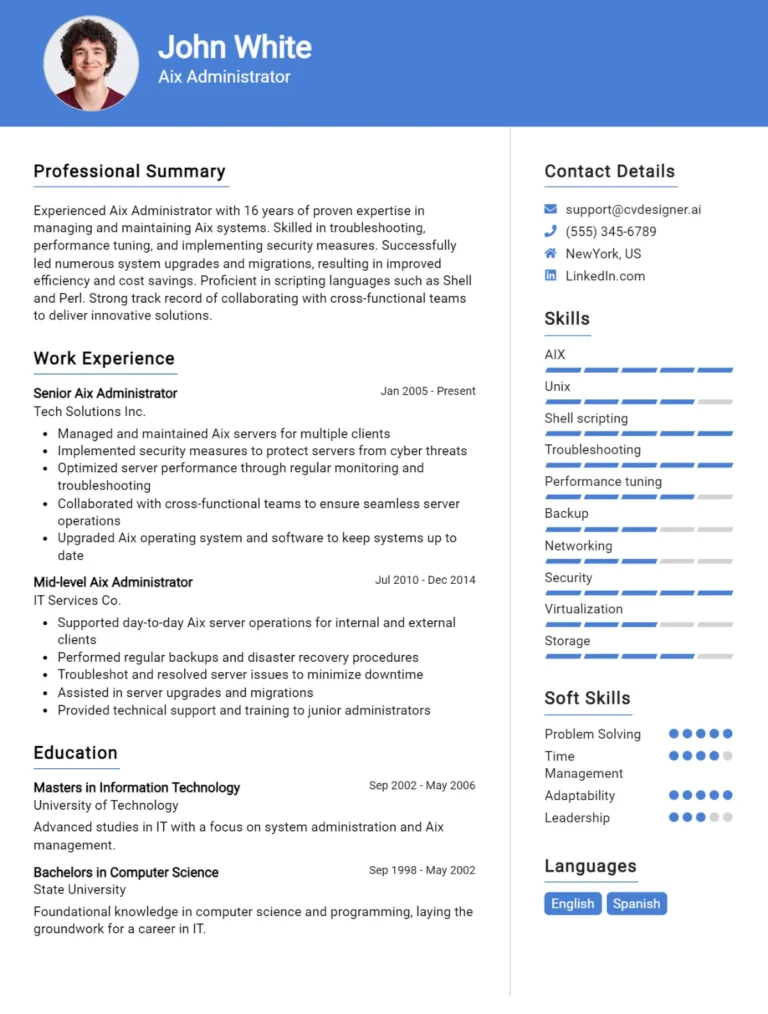 Aix Administrator CV Example For 2025: Best Tips & Templates