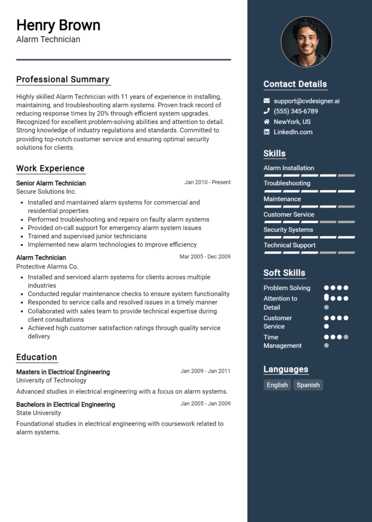 Alarm Technician Resume Example