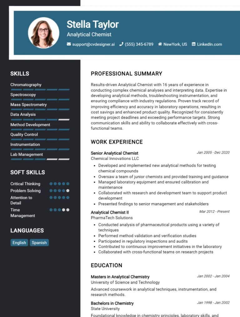 Analytical Chemist CV Example For 2025: Examples & Free Templates