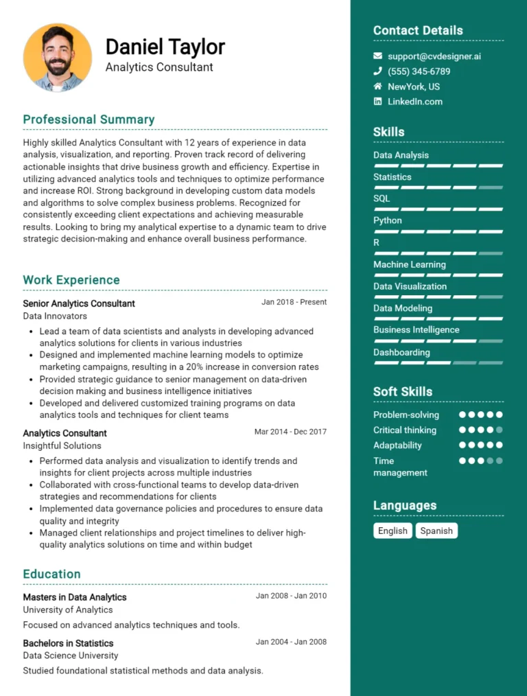 Analytics Consultant CV Example For 2025: Effective CV Writing Tips