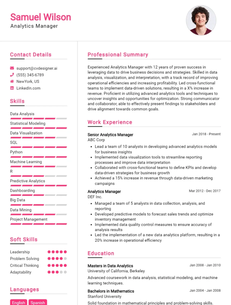 Analytics Manager CV Example