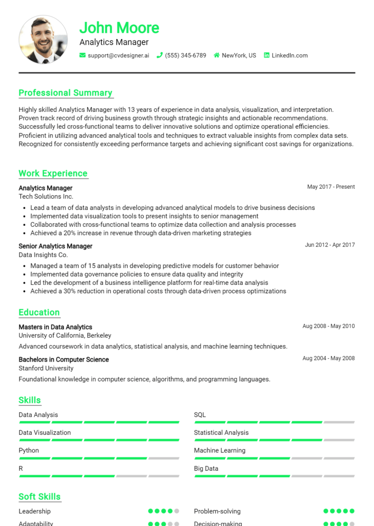 Analytics Manager Resume Example for 2025: Downloadable Templates