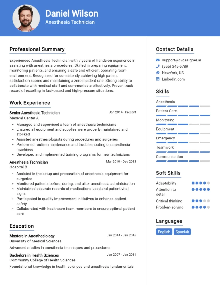 Anesthesia Technician CV Example For 2025: Tips & Templates
