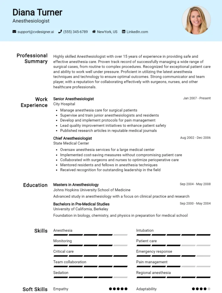 Anesthesiologist CV Example For 2025: Free Downloadable Templates