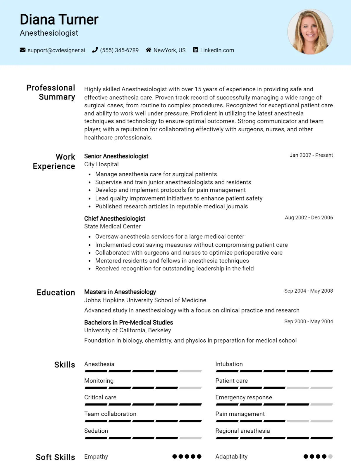 Anesthesiologist CV Example