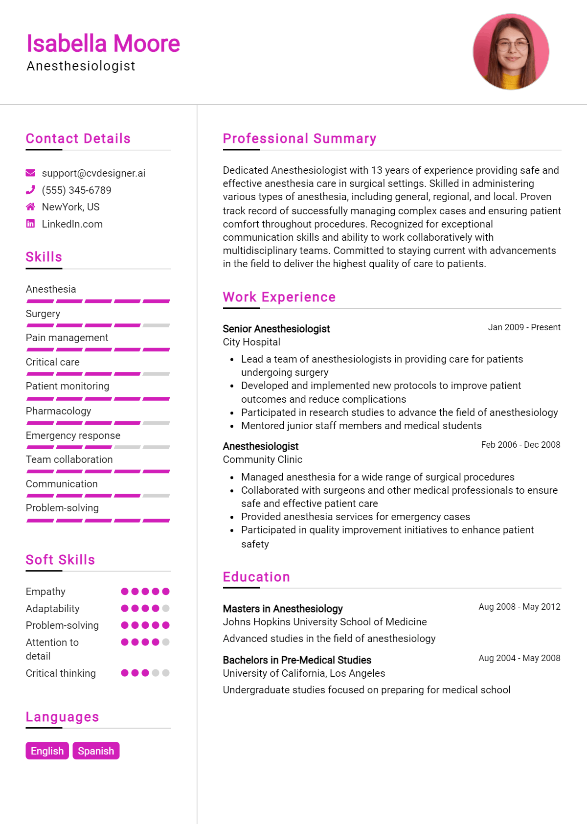 Anesthesiologist Resume Example