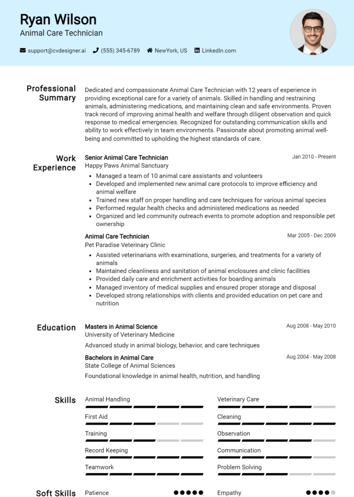 Animal Care Technician Resume Example For 2024: Writing Guide 