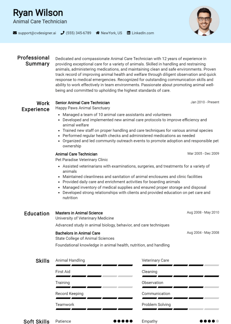 Animal Care Technician Resume Example for 2025: Writing Guide