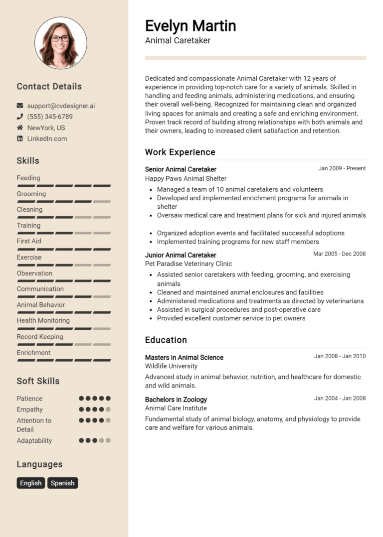 Animal Caretaker Resume Example for 2025: Effective Tips