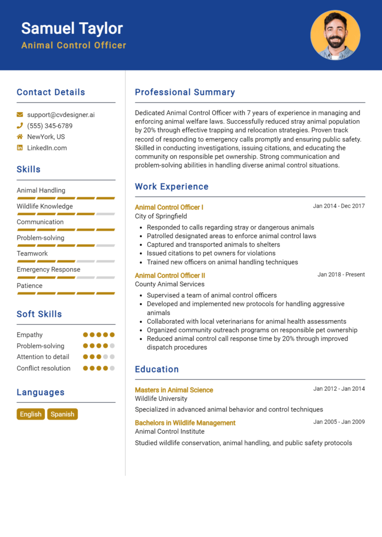 Animal Control Officer Resume Example for 2025: Tips & Templates