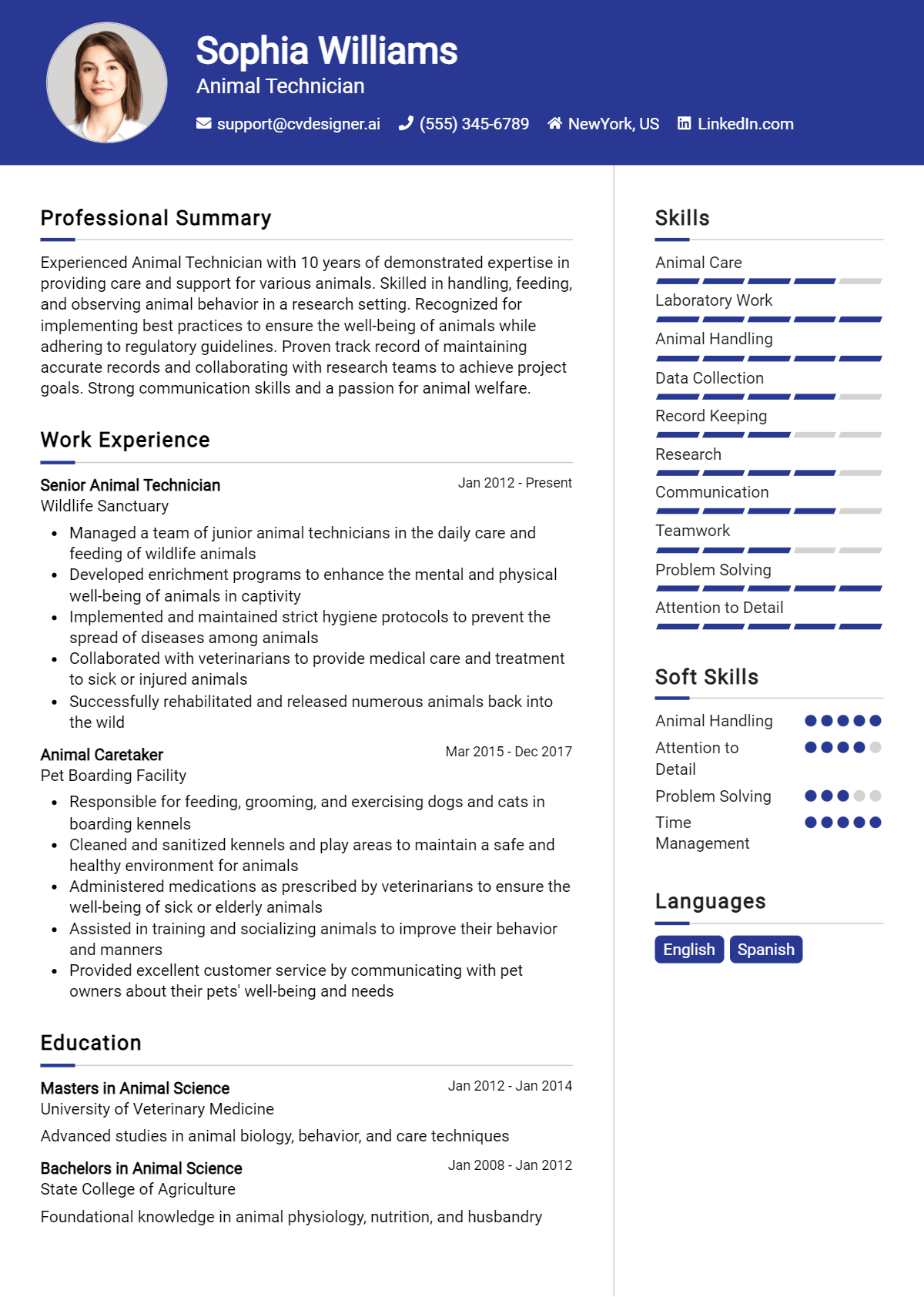 Animal Technician Resume Example