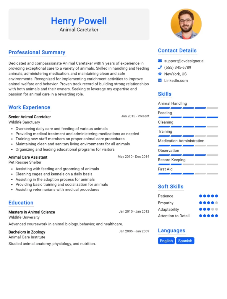 Animal Caretaker CV Example For 2025: Ultimate Guide