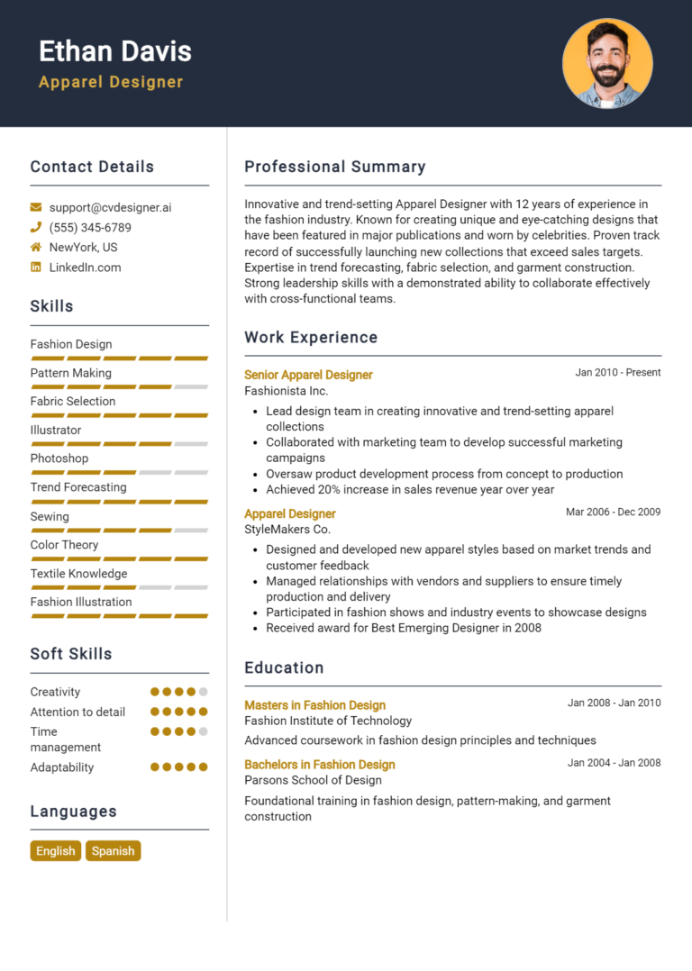 Apparel Designer Resume Example for 2025: Best Writing Tips