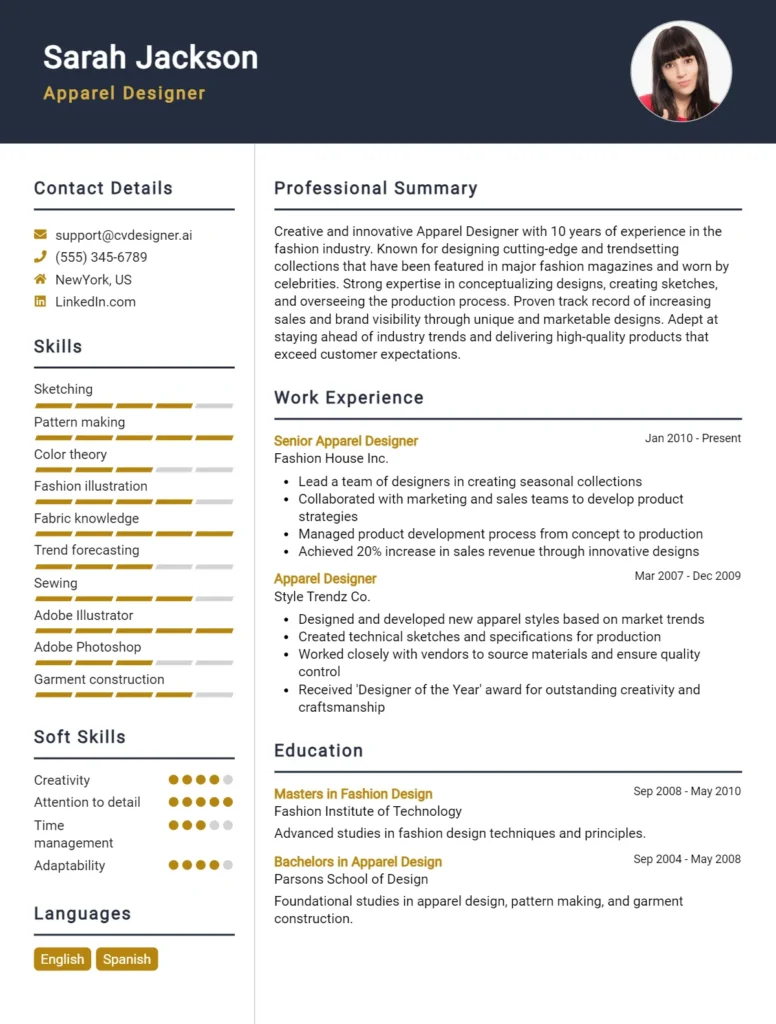 Apparel Designer CV Example