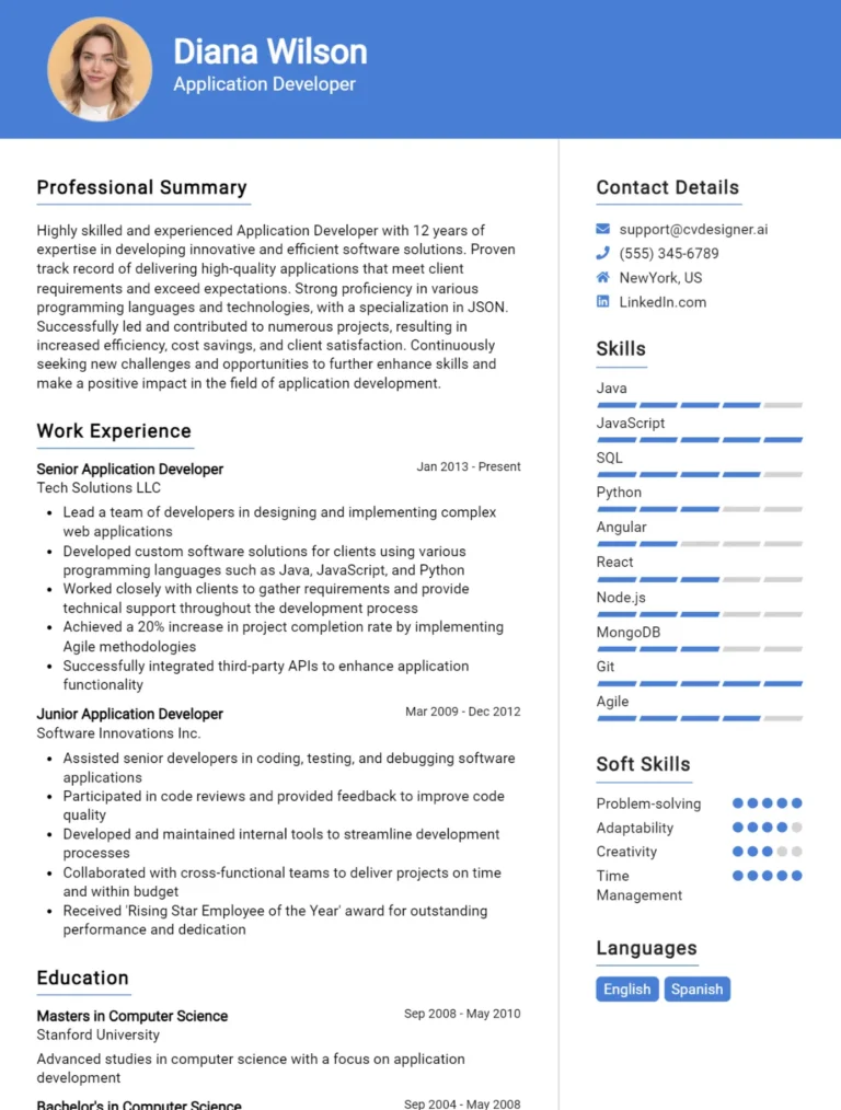 Application Developer CV Example For 2025: Free Downloadable Templates