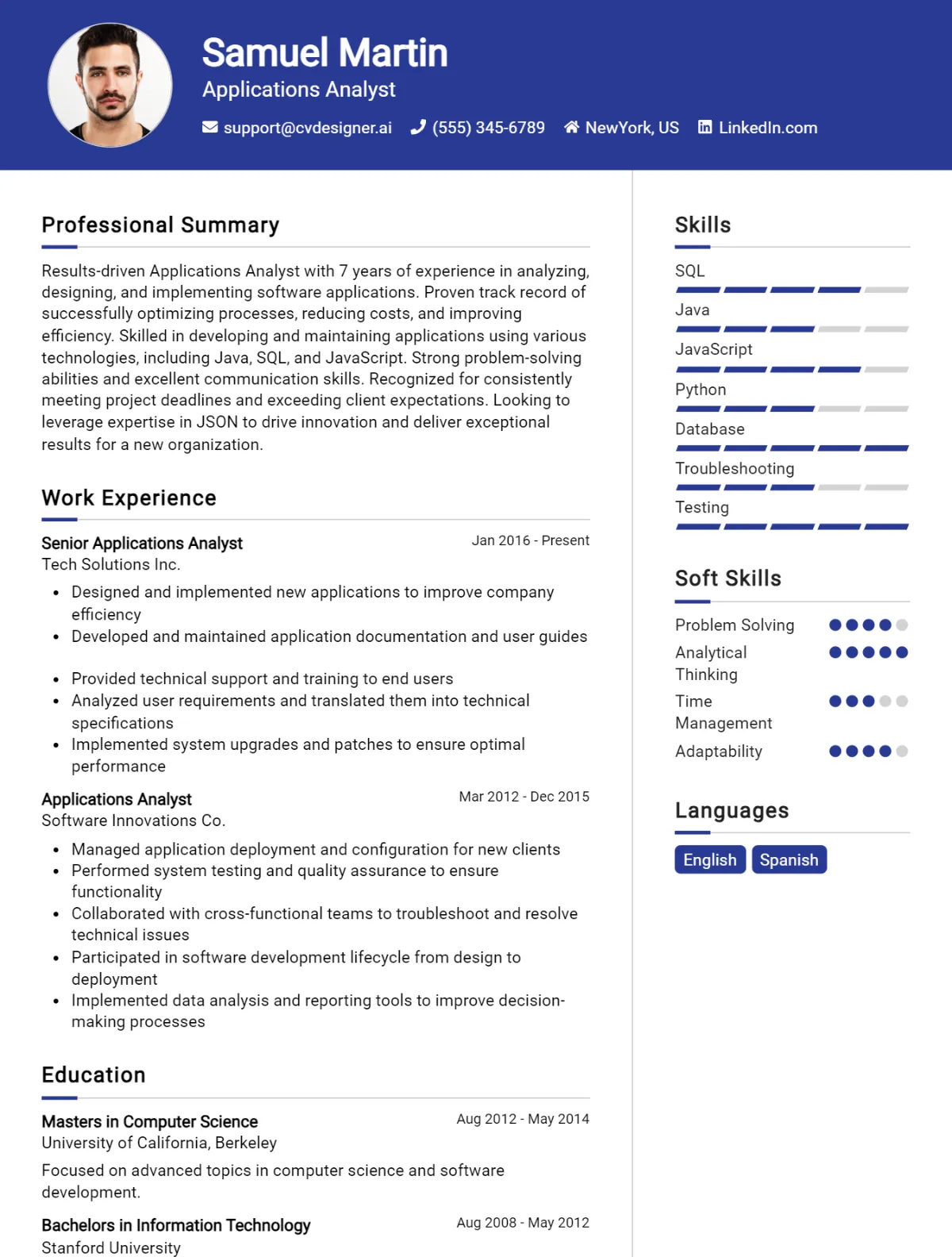 Applications Analyst CV Example