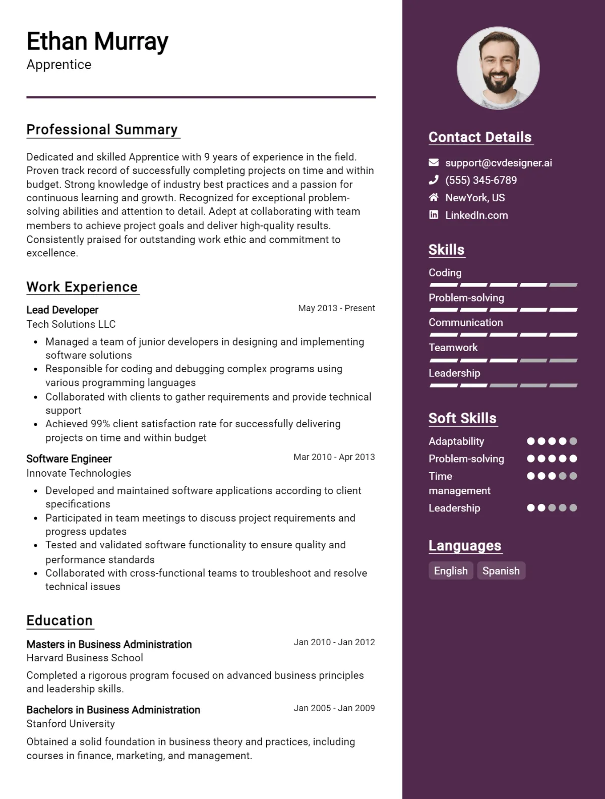 Apprentice CV Example For 2024: Best Tips & Templates - CVDesigner.ai