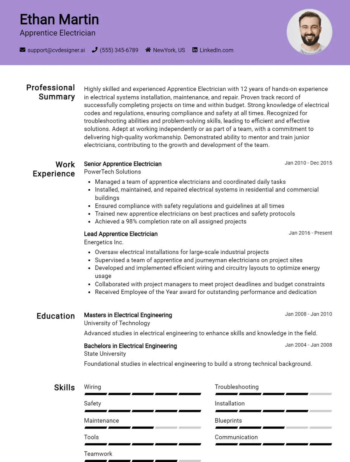 Apprentice Electrician CV Example