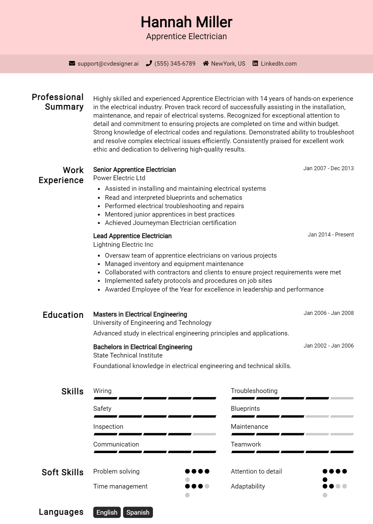 Apprentice Electrician Resume Example