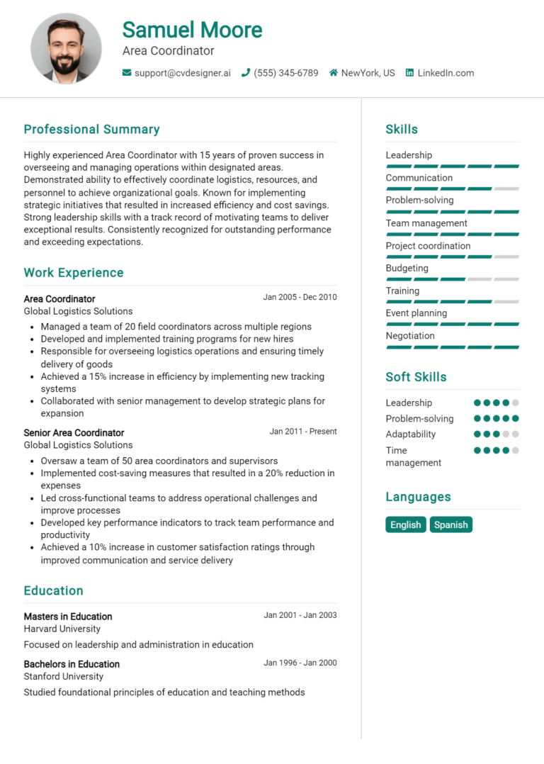 Area Coordinator Resume Example for 2025: Free Examples