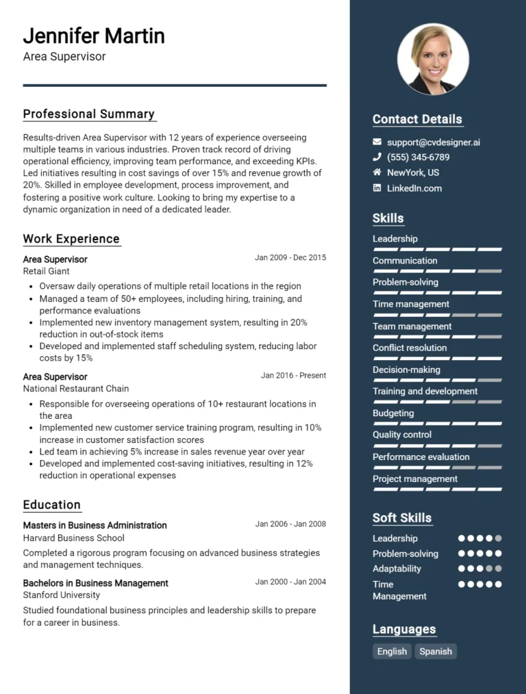 Area Supervisor CV Example For 2025: Free Downloadable Templates