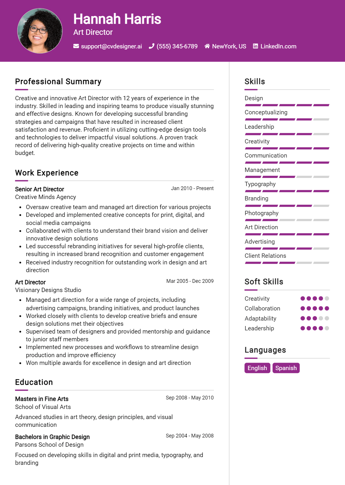 Art Director Resume Example for 2025: Free Samples - CVDesigner.ai