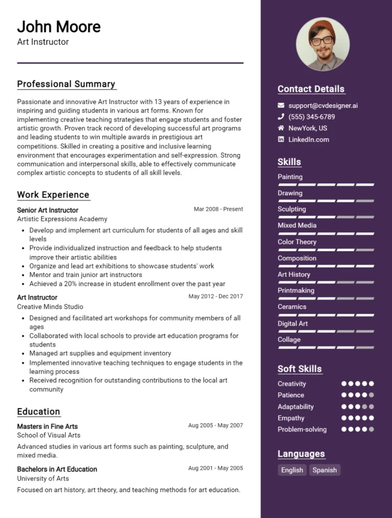 Art Instructor CV Example For 2025: Tips to Stand Out