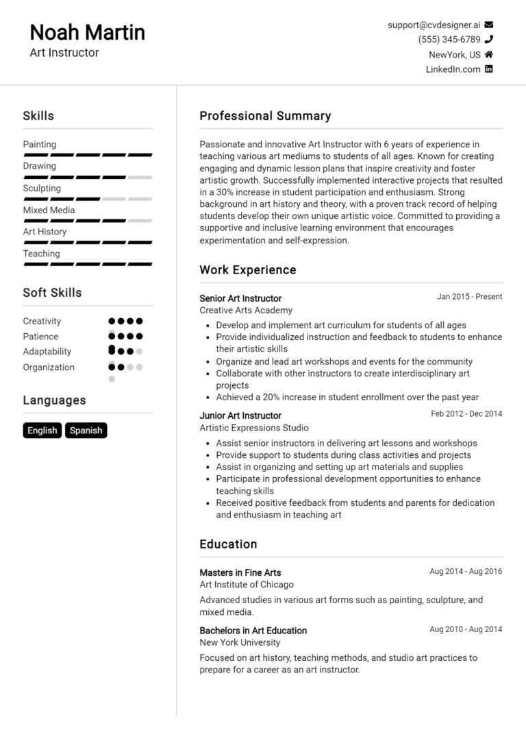 Art Instructor Resume Example for 2025: Effective CV Writing Tips