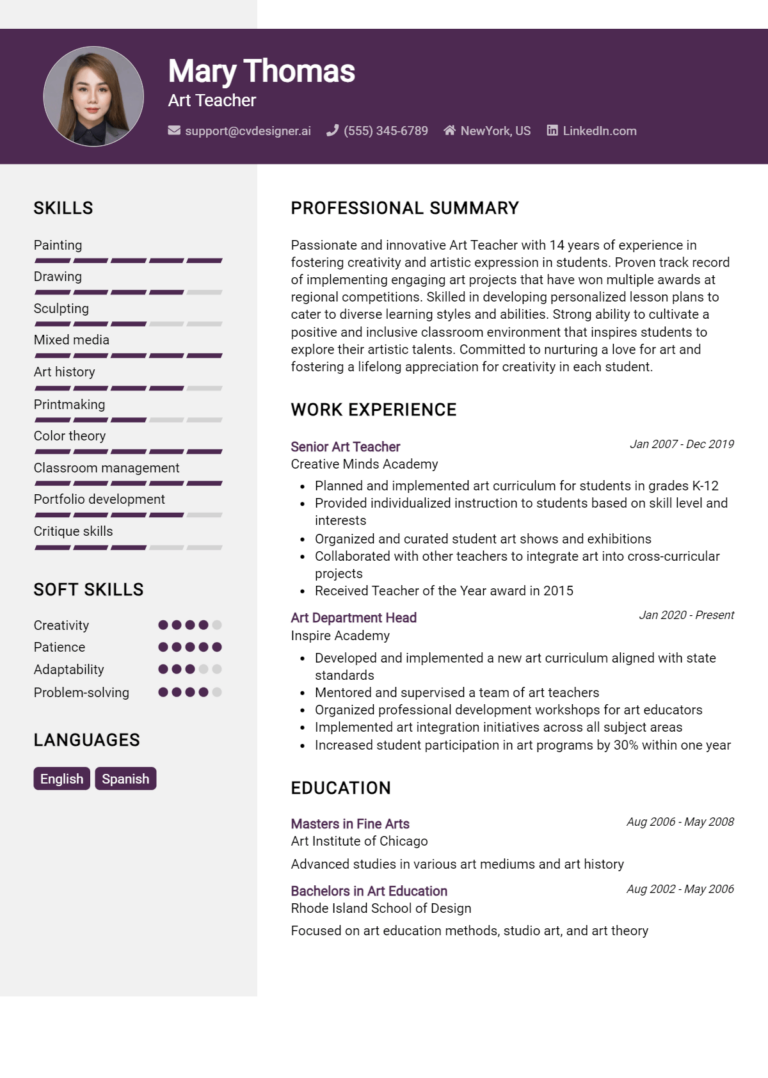 Art Teacher Resume Example for 2025: Best Tips & Templates