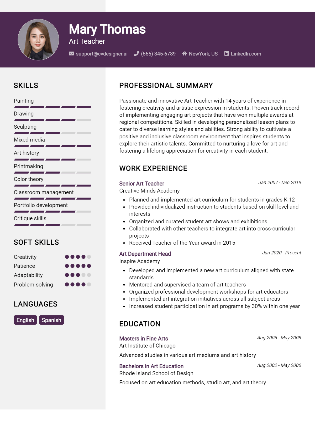 Art Teacher Resume Example