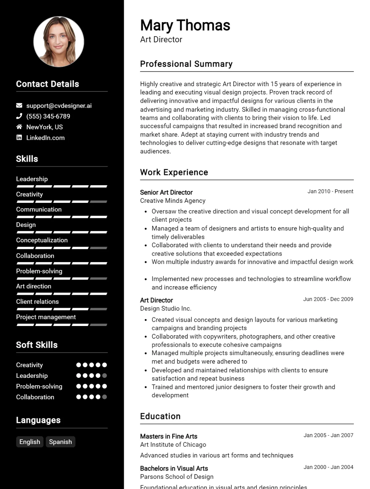 Art Director CV Example For 2024: Examples & Free Templates - CVDesigner.ai