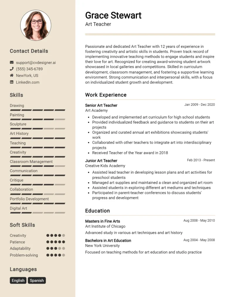 Art Teacher CV Example For 2025: How to Craft a Winning CV