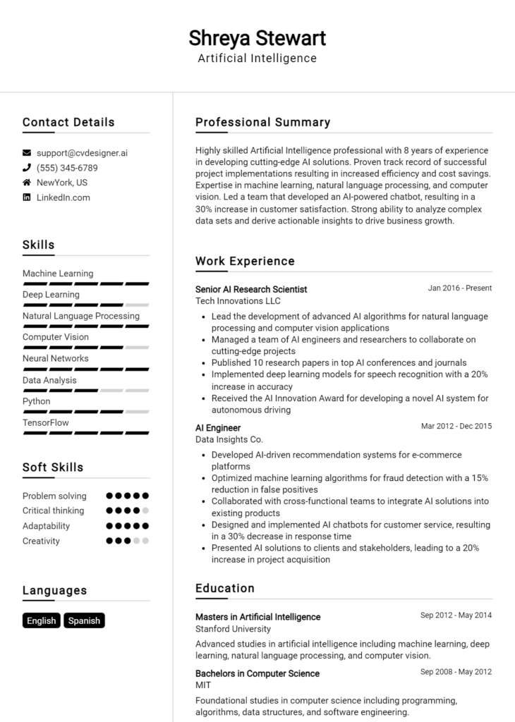 Artificial Intelligence Resume Example