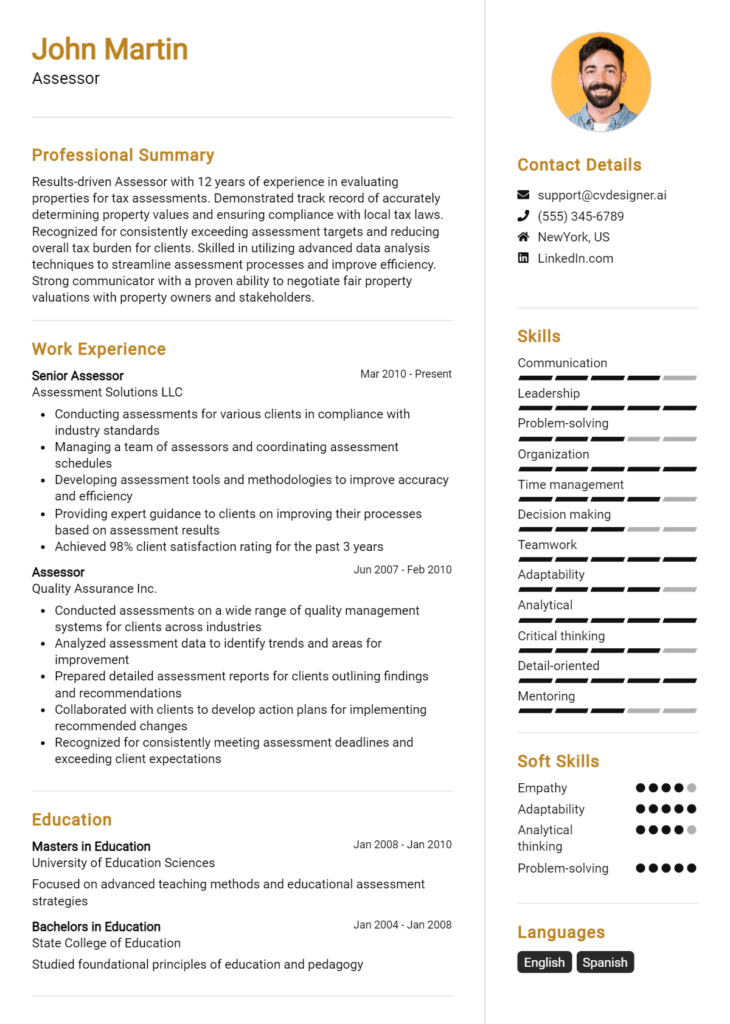 Assessor Resume Example for 2024: Examples & Free Templates - CVDesigner.ai